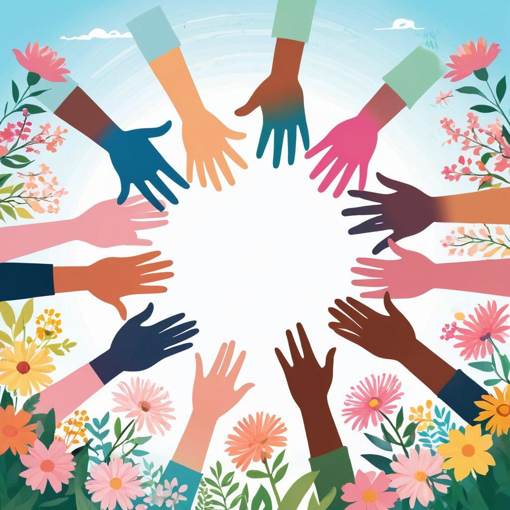 A serene illustration of a diverse group of people holding hands in a circle, symbolizing support and unity, surrounded by blooming flowers representing hope and healing. In the background, a bright sun rises, symbolizing new beginnings, while gentle waves of pastel colors flow to convey peace and tranquility. Include subtle symbols of cancer awareness, like pink ribbons, woven into the design. vector art. vibrant colors. calming atmosphere.