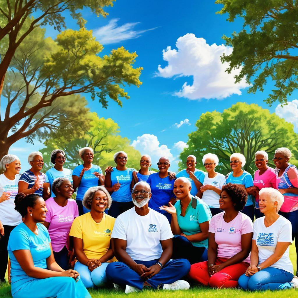 A vibrant illustration depicting a diverse group of cancer survivors and supporters gathered in a sunny park, sharing stories and laughter, symbolizing strength and connection. Include colorful ribbons representing various cancers, trees in the background, and a sense of hope in the atmosphere. The sky is bright blue, with fluffy white clouds. super-realistic. vibrant colors. soft focus.
